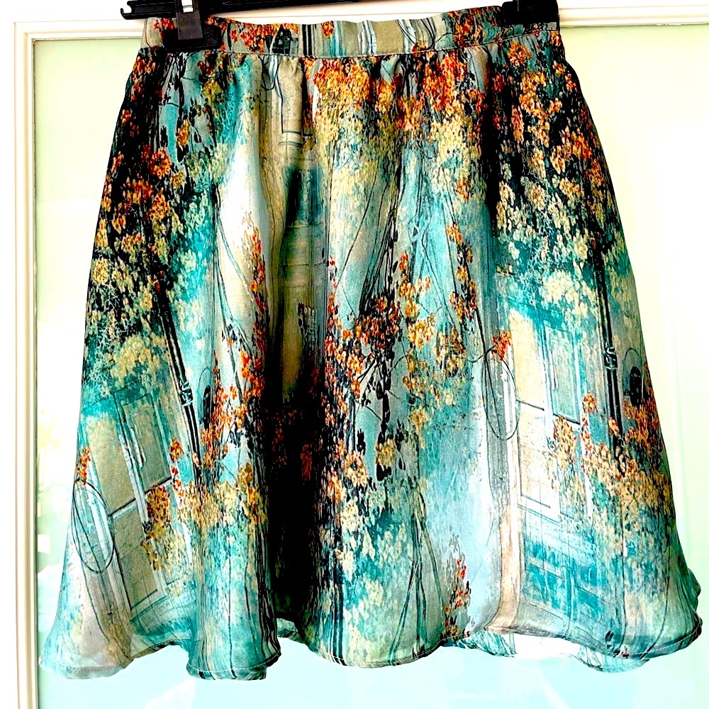 Reformation 100% Silk Floral Mini Skirt Blue Orange Size 6